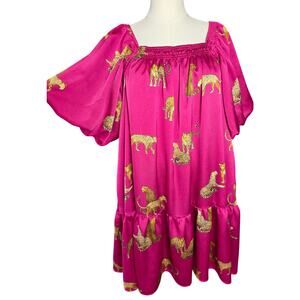 Entro Leopard Print Dress XL Hot Pink Puff Sleeve Tiered Mini WITH Pockets NWT